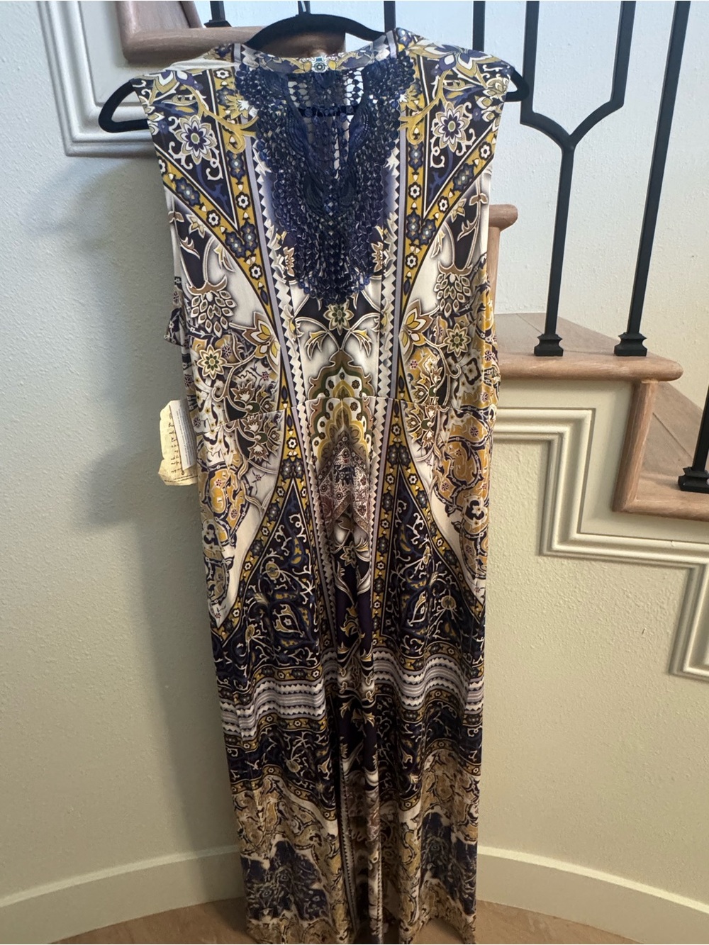 ONE WORLD Navy and Gold Paisley Crochet-Accent Maxi Dress - Picture 2 of 8